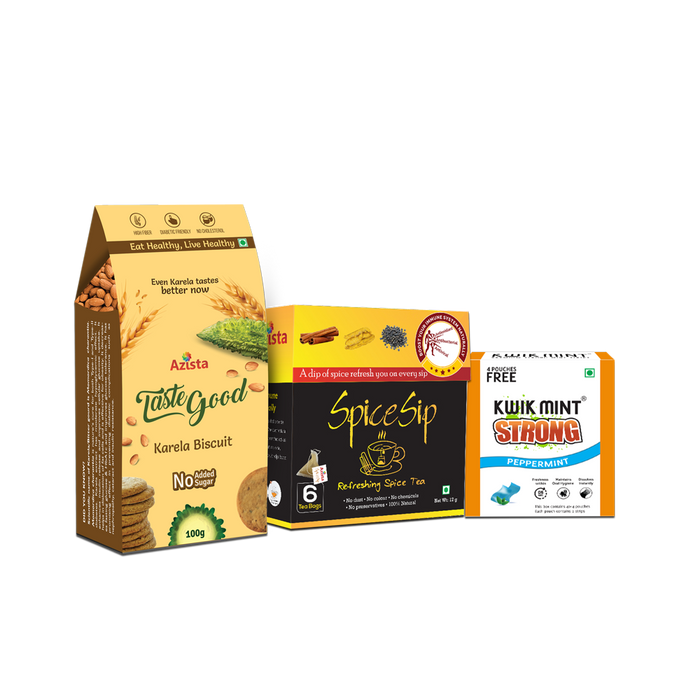 Eat Sip Refresh Combo – Tastegood Karela Biscuits, Spice Sip Immunity Tea and Kwikmint Strong Mouth Freshener.