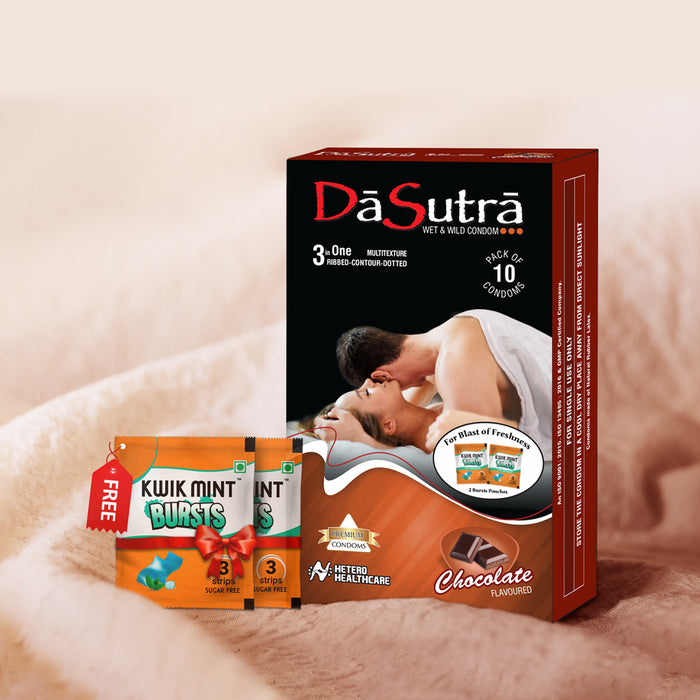 DaSutra Wet & Wild Condoms - 10's Pack Lubricated, Ribbed, and Dotted - Chocolate Flavour