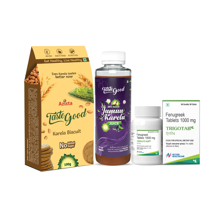 Diabetic Friendly Combo Pack: Taste Good Karela Biscuits Pack of 4 | Taste Good Jamun Karela Juice (500 ML) | Trigotab Fenugreek Seed Powder Tablets (60 tabs)