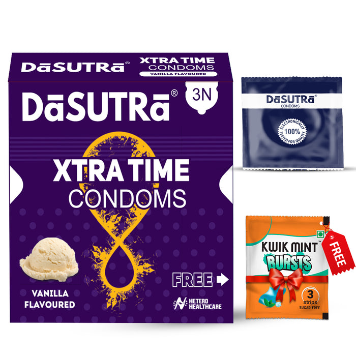 DaSutra Xtra Time Long Lasting Pleasure Condoms - 3's Pack Ribbed-Dotted-Contour - Vanilla Flavour