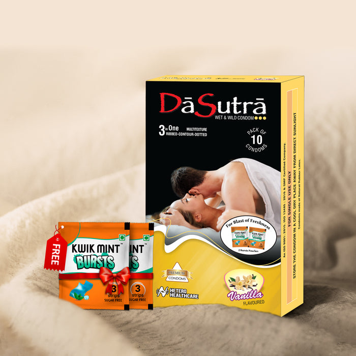 DaSutra Wet & Wild Condoms - 10's Pack Lubricated, Ribbed, and Dotted - Vanilla Flavour