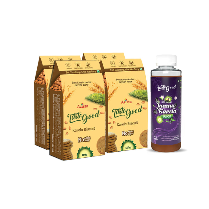 Taste Good Sugar Free Combo – Diabetic Friendly Taste Good Karela Biscuits Pack of 4 and Diabetic Care Jamun Karela Juice (500ML)