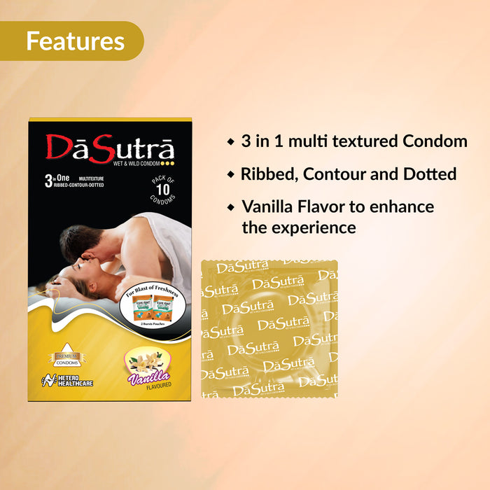 DaSutra Wet & Wild Condoms - 10's Pack Lubricated, Ribbed, and Dotted - Vanilla Flavour