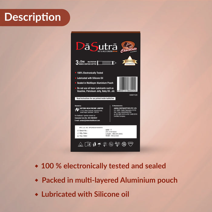 DaSutra Wet & Wild Condoms - 10's Pack Lubricated, Ribbed, and Dotted - Chocolate Flavour
