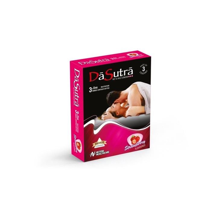 DaSutra Wet & Wild Condoms - 3's Pack Lubricated, Ribbed, and Dotted - Strawberry Flavour