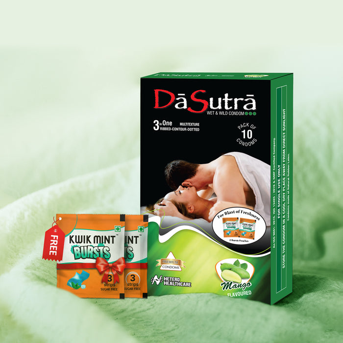 DaSutra Wet & Wild Condoms - 10's Pack Lubricated, Ribbed, and Dotted - Mango Flavour