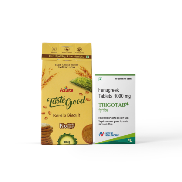 Diabetic Care Combo - Trigotab Fenugreek Tablets Pack of 1 & Taste Good Karela Biscuits - Pack of 4