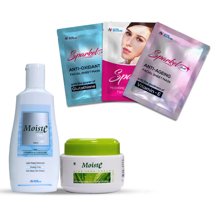Complete Skincare Combo: Moiste Cream Jar (2 Pack) + Moiste Lotion 100ML + Sparkel Facial Sheet Masks (Hydrate, Glow, Youth)