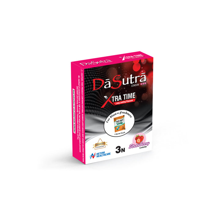 DaSutra Xtra Time Long Lasting Pleasure Condoms - 3's Pack Ribbed-Dotted-Contour - Strawberry Flavour
