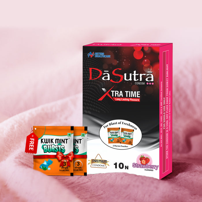 DaSutra Xtra Time Long Lasting Pleasure Condoms - 10's Pack Ribbed-Dotted-Contour - Strawberry Flavour