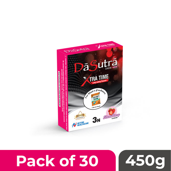 DaSutra Xtra Time Long Lasting Pleasure Condoms - 3's Pack Ribbed-Dotted-Contour - Strawberry Flavour