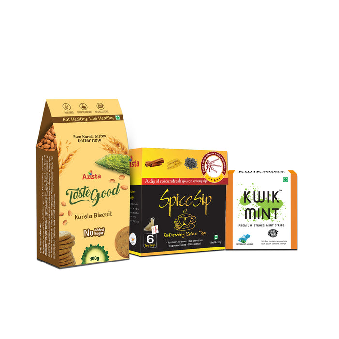 Eat Sip Refresh Combo – Tastegood Karela Biscuits, Spice Sip Immunity Tea and Kwikmint Strong Mouth Freshener.