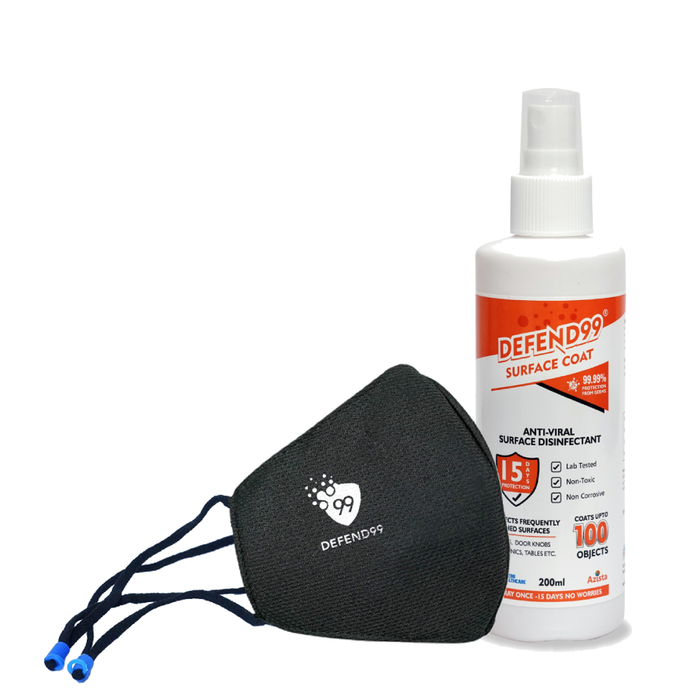 Defend99 Reusable Single Face Mask Black and 200ml of Disinfectant Surface coat Sanitizer Combo Pack