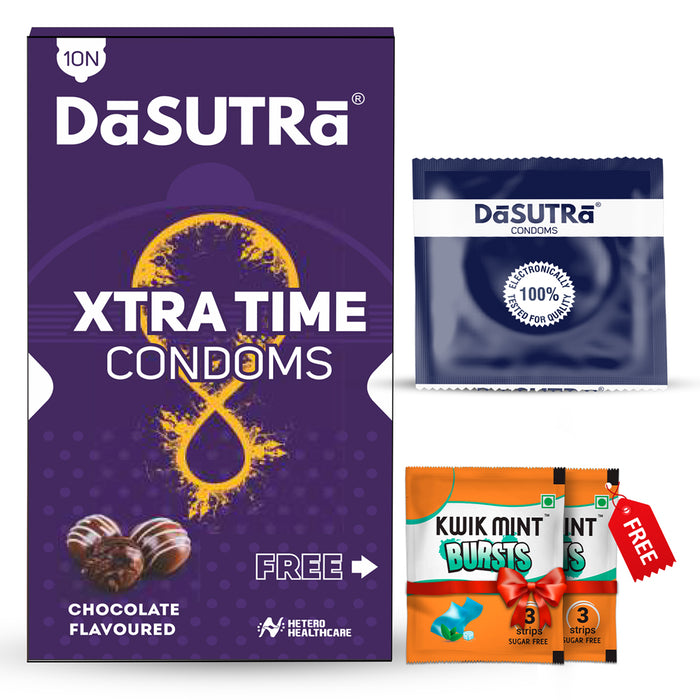 DaSutra Xtra Time Long Lasting Pleasure Condoms - 10's Pack  Ribbed-Dotted-Contour - Chocolate Flavour