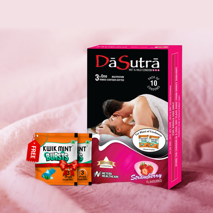 DaSutra Wet & Wild Condoms - 10's Pack Lubricated, Ribbed, and Dotted Pack of 2 - Strawberry Flavour