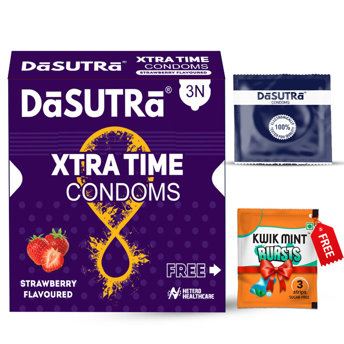 DaSutra Xtra Time Long Lasting Pleasure Condoms - 3's Pack Ribbed-Dotted-Contour - Strawberry Flavour