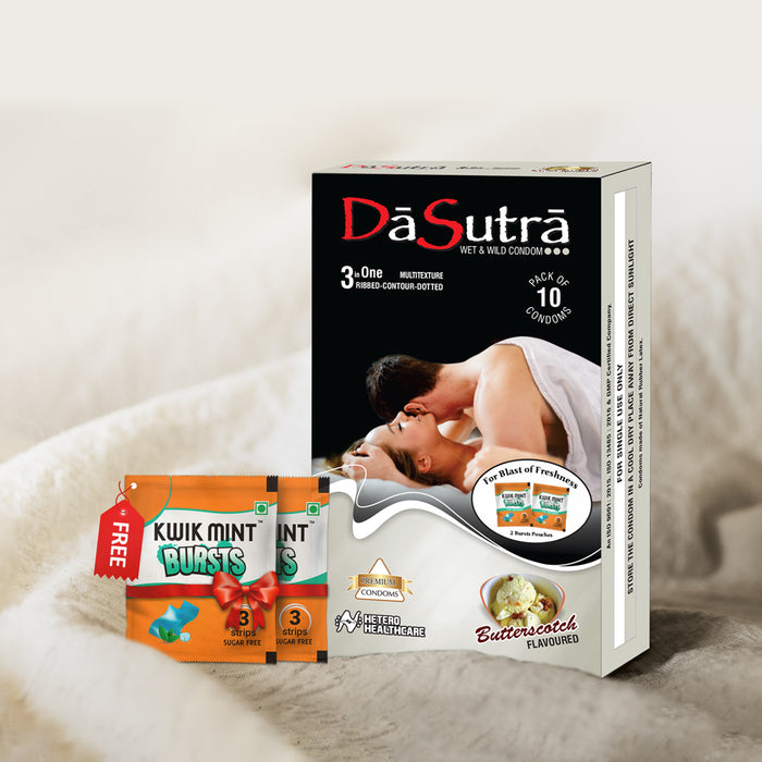DaSutra Wet & Wild Condoms - 10's Pack Lubricated, Ribbed, and Dotted - Butterscotch Flavour