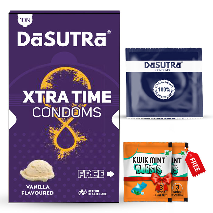 DaSutra Xtra Time Long Lasting Pleasure Condoms - 10's Pack  Ribbed-Dotted-Contour - Vanilla Flavour