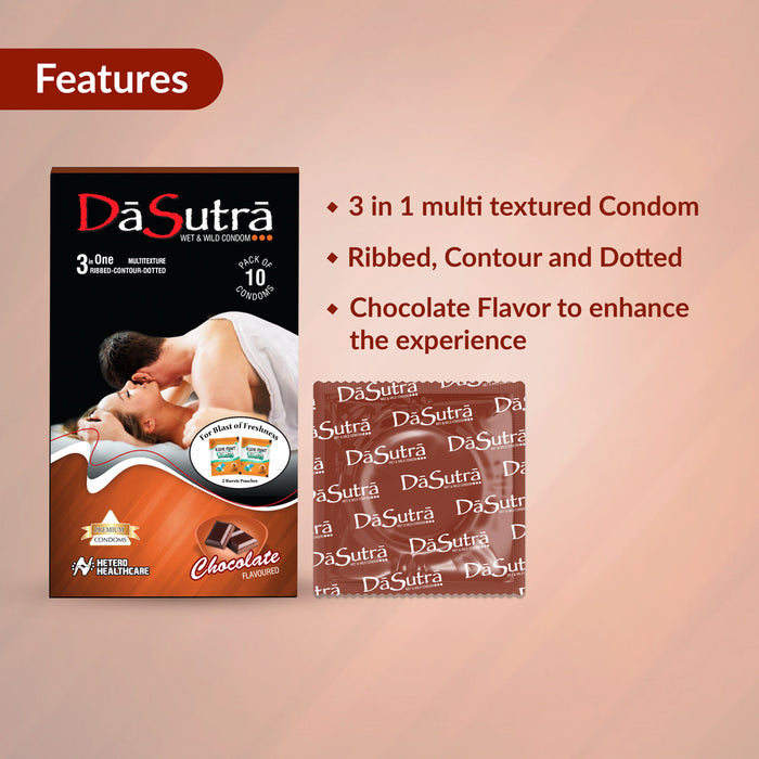 DaSutra Wet & Wild Condoms - 10's Pack Lubricated, Ribbed, and Dotted - Chocolate Flavour