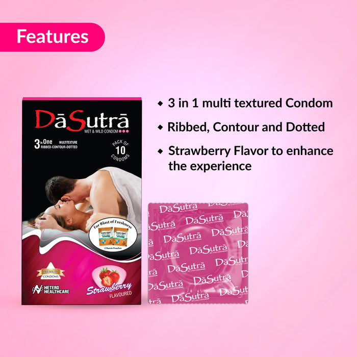 DaSutra Wet & Wild Condoms - 10's Pack Lubricated, Ribbed, and Dotted - Strawberry Flavour