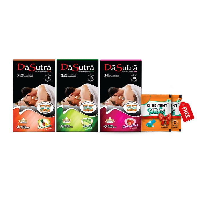 DaSutra Wet & Wild Condoms - 10's Pack Lubricated, Ribbed, and Dotted Combo pack - (Pineapple + Mango + Strawberry)