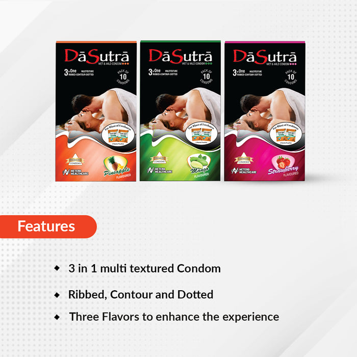 DaSutra Wet & Wild Condoms - 10's Pack Lubricated, Ribbed, and Dotted Combo pack - (Pineapple + Mango + Strawberry)
