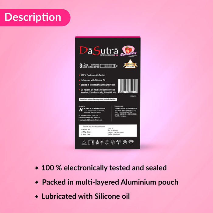 DaSutra Wet & Wild Condoms - 10's Pack Lubricated, Ribbed, and Dotted - Strawberry Flavour