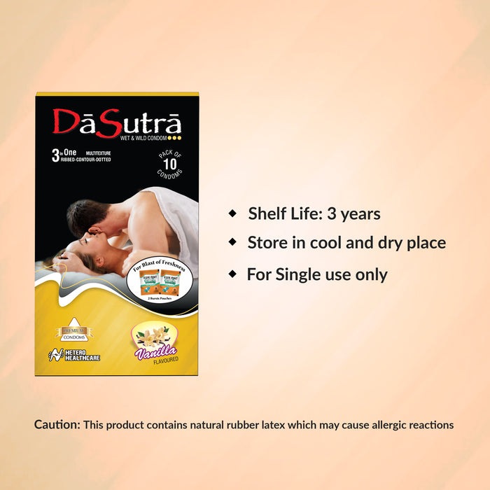 DaSutra Wet & Wild Condoms - 10's Pack Lubricated, Ribbed, and Dotted - Vanilla Flavour