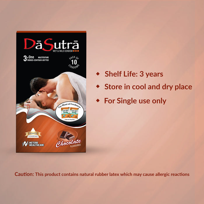 DaSutra Wet & Wild Condoms - 10's Pack Lubricated, Ribbed, and Dotted - Chocolate Flavour