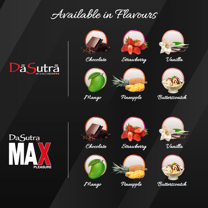 DaSutra Xtra Time Long Lasting Pleasure Condoms - 10's Pack Ribbed-Dotted-Contour - Strawberry Flavour