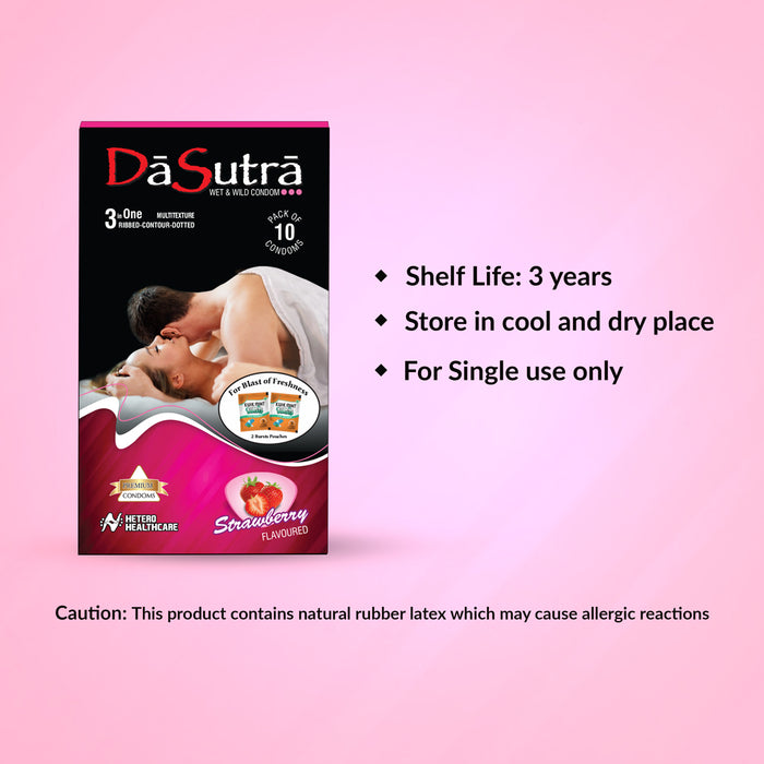 DaSutra Wet & Wild Condoms - 10's Pack Lubricated, Ribbed, and Dotted - Strawberry Flavour