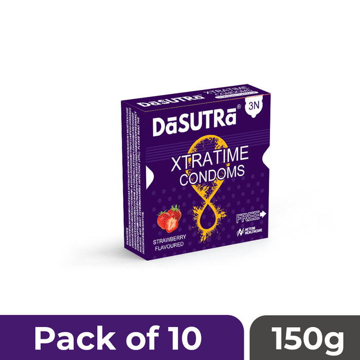 DaSutra Xtra Time Long Lasting Pleasure Condoms - 3's Pack Ribbed-Dotted-Contour - Strawberry Flavour