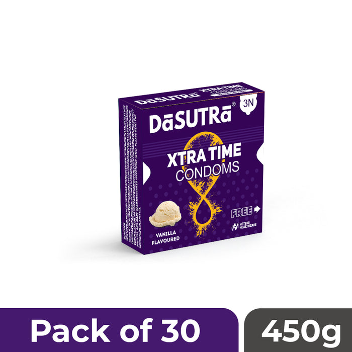 DaSutra Xtra Time Long Lasting Pleasure Condoms - 3's Pack Ribbed-Dotted-Contour - Vanilla Flavour