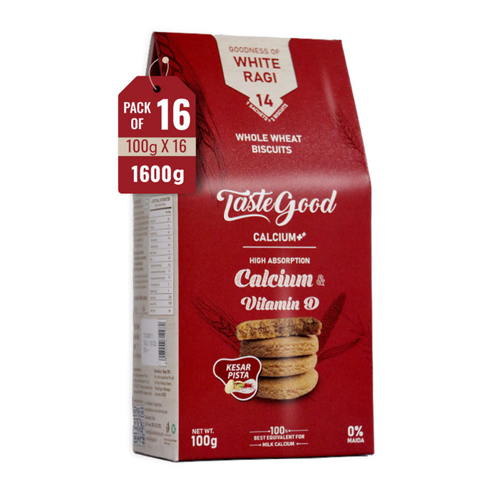 Taste Good Calcium ++ and Vitamin D Biscuits | High-Absorption Calcium & Bone Health Support | Made with White Ragi & Whole Wheat | Kesar Pista Flavored | Zero Cholesterol & Trans Fat | 100g