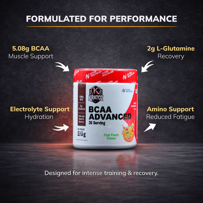 Kratoz BCAA Advance Powder | Supplement with L- Glutamine and Essential Amino Acids for Lean Muscle, Recovery & Endurance 30 Servings - 270g