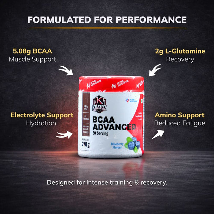 Kratoz BCAA Advance Powder | Supplement with L- Glutamine and Essential Amino Acids for Lean Muscle, Recovery & Endurance 30 Servings - 270g