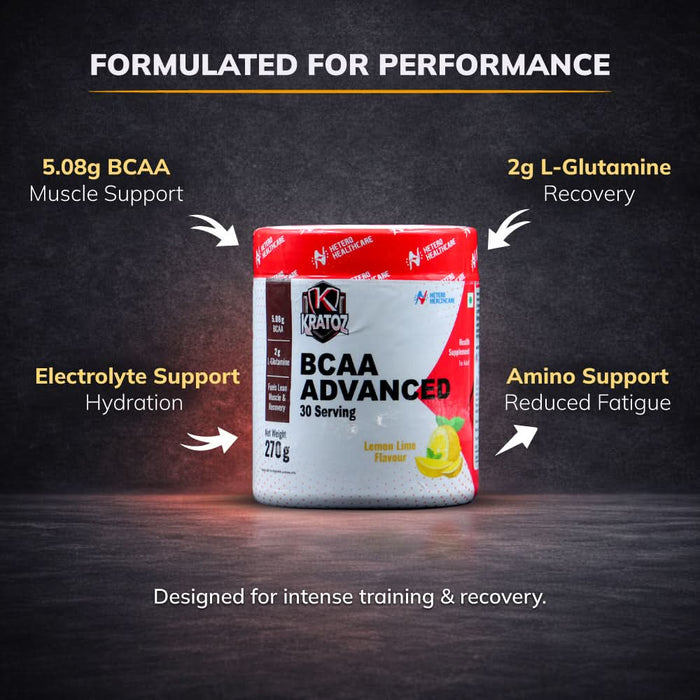 Kratoz BCAA Advance Powder | Supplement with L- Glutamine and Essential Amino Acids for Lean Muscle, Recovery & Endurance 30 Servings - 270g