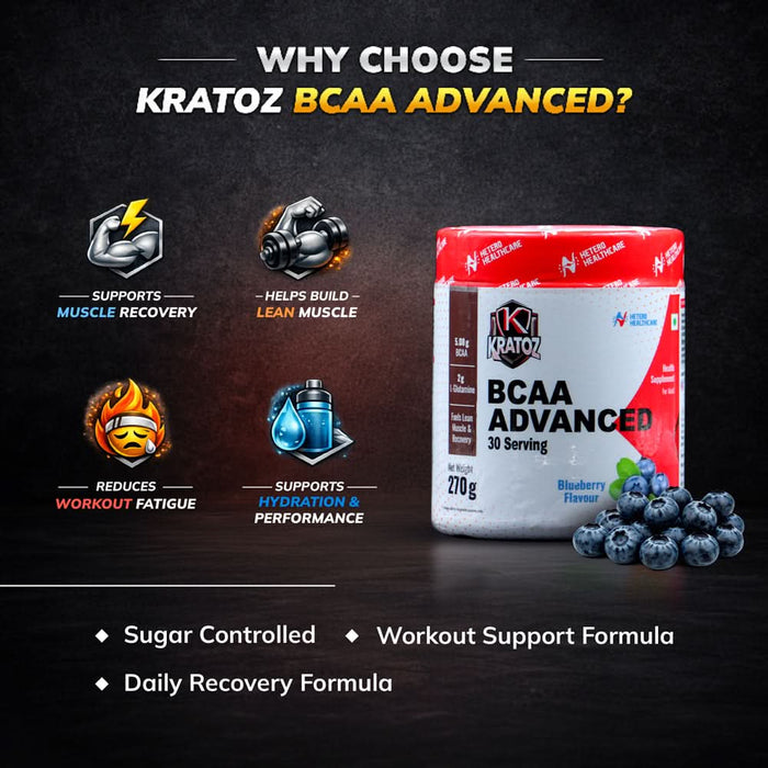 Kratoz BCAA Advance Powder | Supplement with L- Glutamine and Essential Amino Acids for Lean Muscle, Recovery & Endurance 30 Servings - 270g