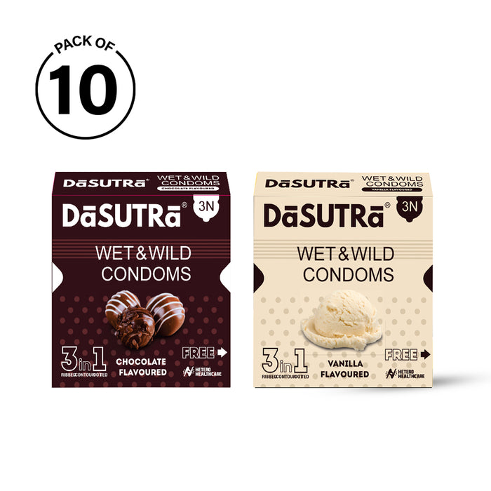 DaSutra Wet & Wild Condoms - 3's Pack Lubricated, Ribbed, and Dotted - 2 Combo
