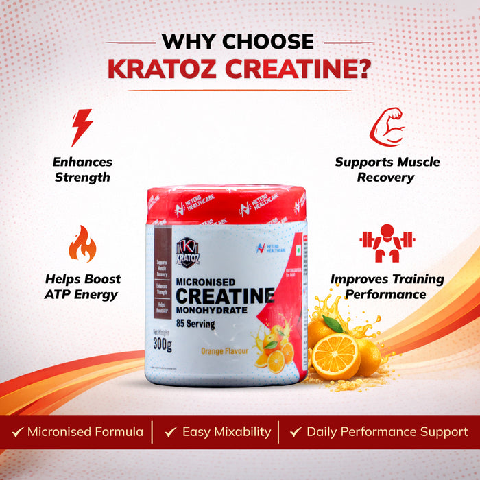 Kratoz Creatine Powder | Micronized Creatine Mono Hydrate (85 Servings) | Speeds Muscle Recovery & Reduces Post Workout Fatigue - 300g
