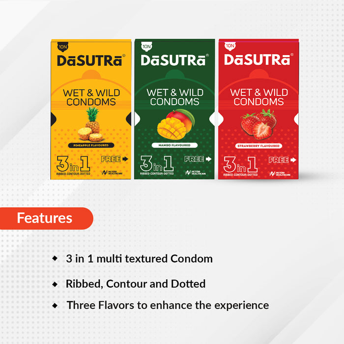 DaSutra Wet & Wild Condoms - 10's Pack Lubricated, Ribbed, and Dotted Combo pack - (Pineapple + Mango + Strawberry)