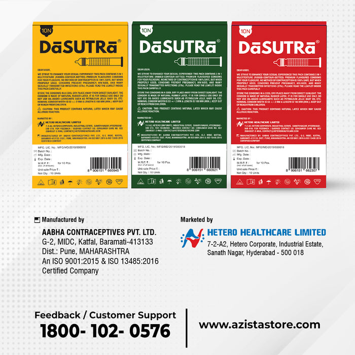 DaSutra Wet & Wild Condoms - 10's Pack Lubricated, Ribbed, and Dotted Combo pack - (Pineapple + Mango + Strawberry)