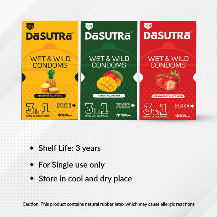DaSutra Wet & Wild Condoms - 10's Pack Lubricated, Ribbed, and Dotted Combo pack - (Pineapple + Mango + Strawberry)