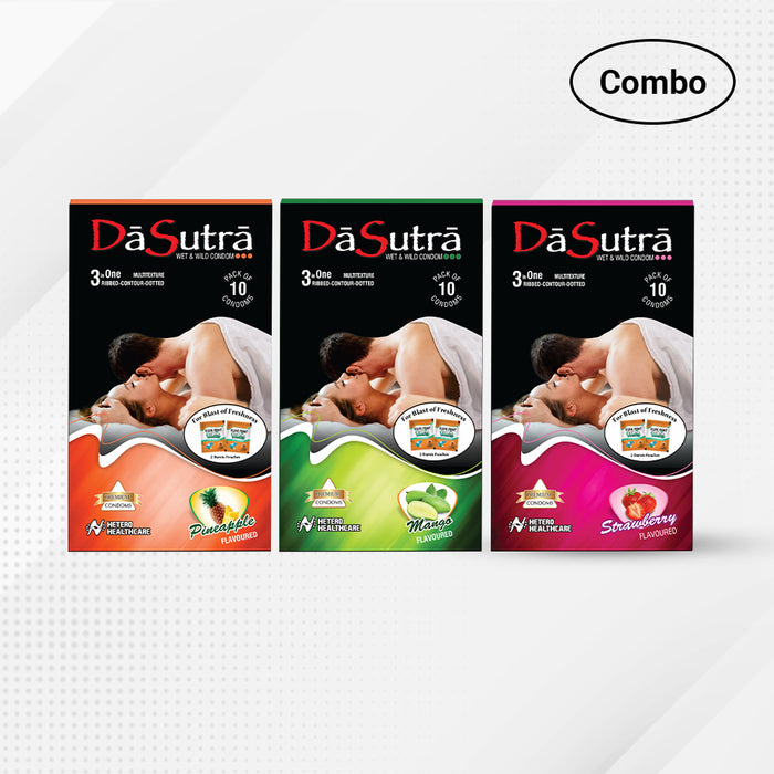DaSutra Wet & Wild Condoms - 10's Pack Lubricated, Ribbed, and Dotted Combo pack - (Pineapple + Mango + Strawberry)