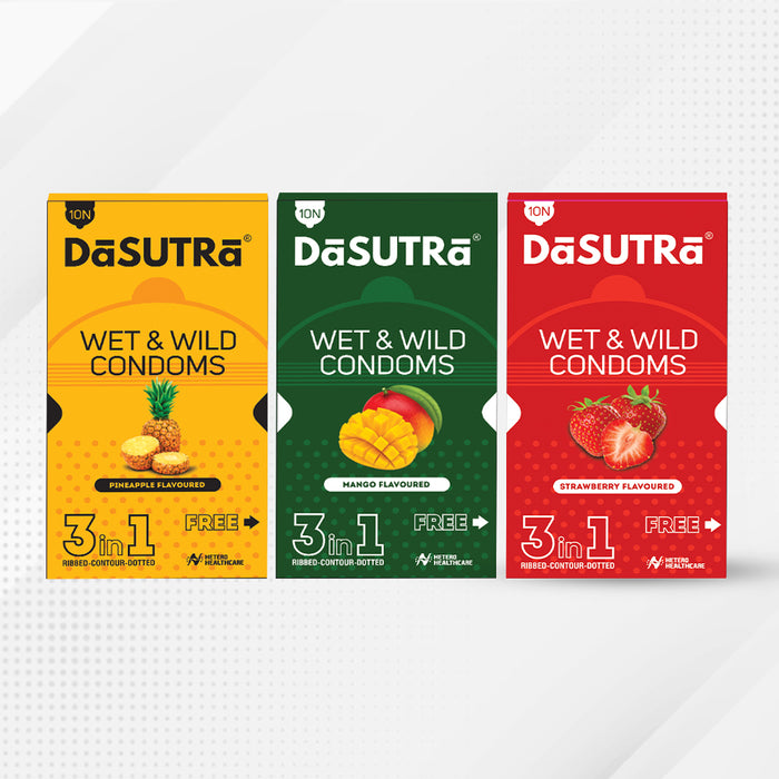 DaSutra Wet & Wild Condoms - 10's Pack Lubricated, Ribbed, and Dotted Combo pack - (Pineapple + Mango + Strawberry)