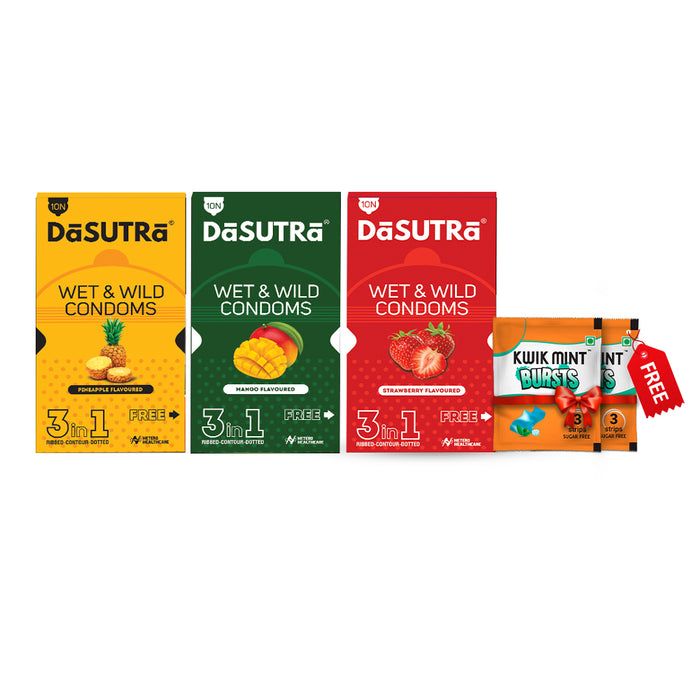 DaSutra Wet & Wild Condoms - 10's Pack Lubricated, Ribbed, and Dotted Combo pack - (Pineapple + Mango + Strawberry)