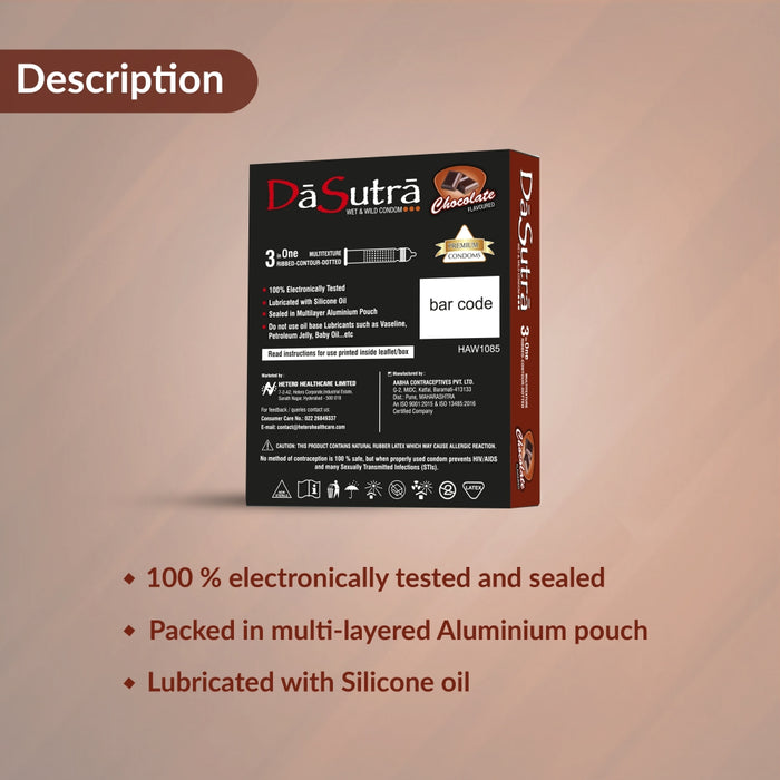 DaSutra Wet & Wild Condoms - 3's Pack Lubricated, Ribbed, and Dotted - Chocolate Flavour