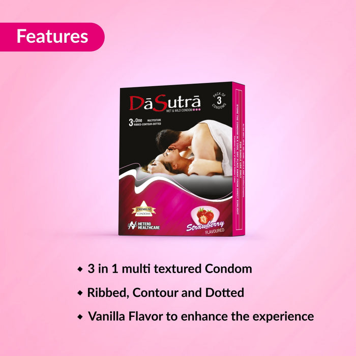 DaSutra Wet & Wild Condoms - 3's Pack Lubricated, Ribbed, and Dotted - Strawberry Flavour
