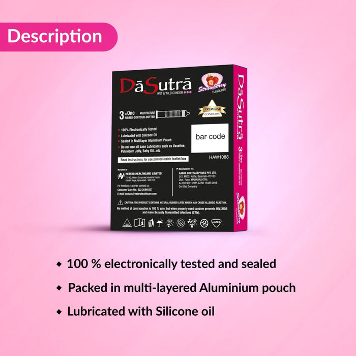 DaSutra Wet & Wild Condoms - 3's Pack Lubricated, Ribbed, and Dotted - Strawberry Flavour