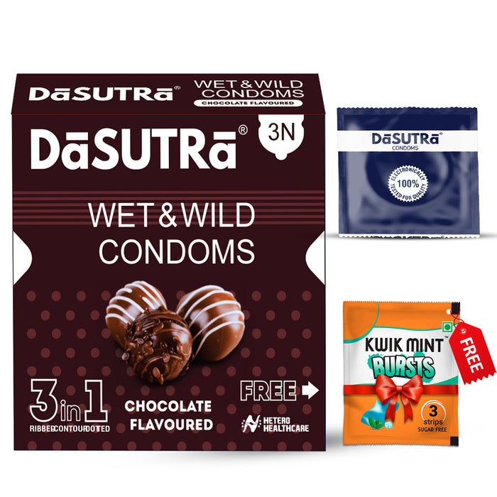DaSutra Wet & Wild Condoms - 3's Pack Lubricated, Ribbed, and Dotted - Chocolate Flavour